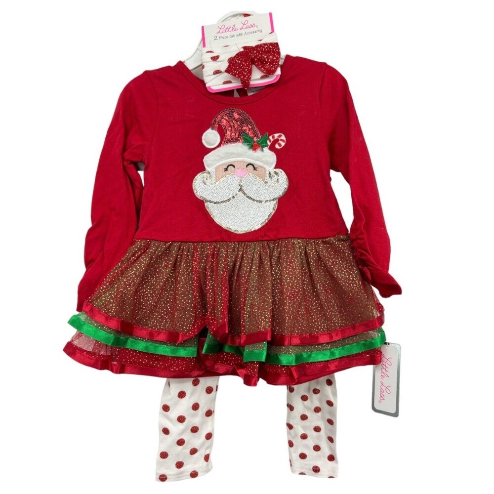 Holiday Santa Claus Outfit 18 M Girls Christmas 3 pc Tulle Top Leggings Hair bow